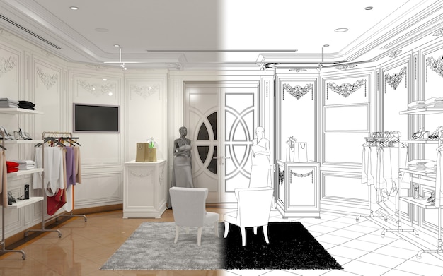 Ilustración 3D de visualización de interiores de tienda de ropa.