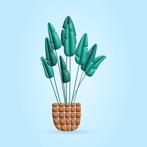 Ilustración 3D volumétrica de una planta tropical casera en una maceta