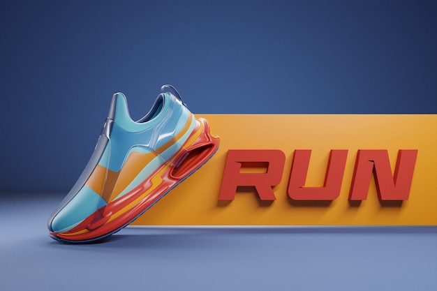 Foto ilustración 3d de zapatillas deportivas coloridas nuevas en una enorme suela de espuma colorida en un fondo aislado púrpura zapatillas con la frase correr zapatillas de moda