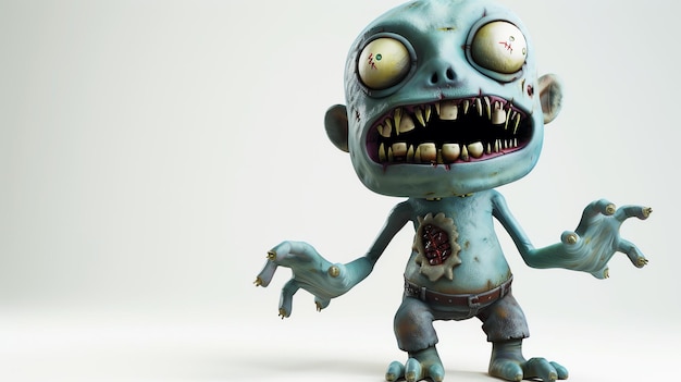 Ilustración 3D de un zombie de dibujos animados gracioso El zombie es azul y tiene una cabeza grande con ojos grandes y una boca llena de dientes afilados