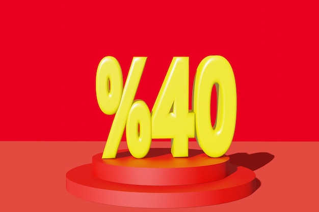 Ilustración del 40 por ciento de descuento en ilustración 3D color amarillo con fondo rojo y espacio de copia