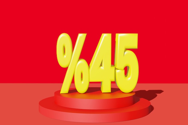 Ilustración del 45 por ciento de descuento en ilustración 3D color amarillo con fondo rojo y espacio de copia