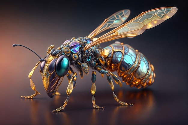 Ilustración de una abeja hecha de oro y vidrio azul