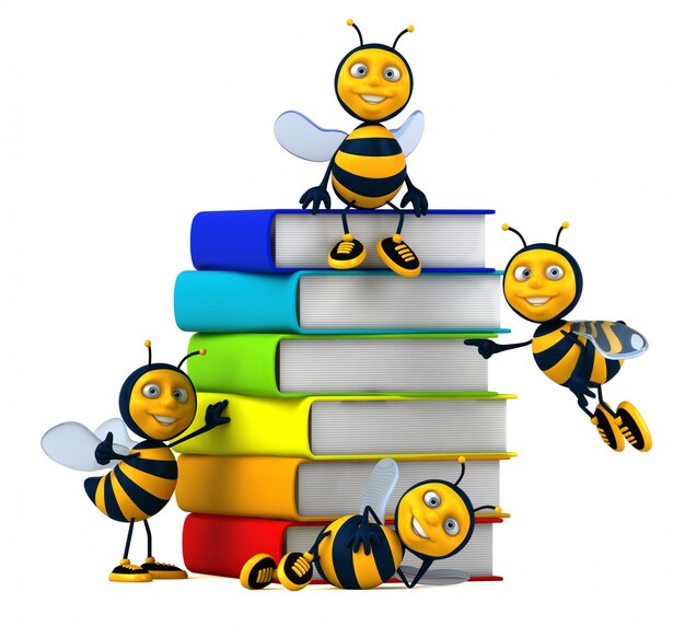 Ilustración de abejas divertidas junto a libros