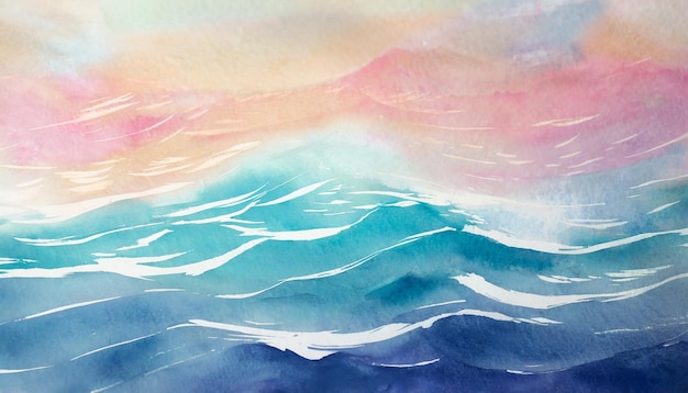 Ilustración abstracta de acuarela de las olas del mar colores pastel suave rosa y azul
