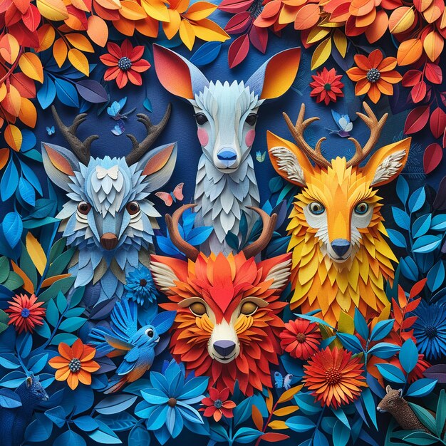 Ilustración abstracta de animales que se reúnen en un bosque colorido