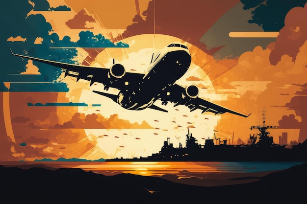 Ilustración abstracta de un avión de carga en vuelo contra un cielo al atardecer