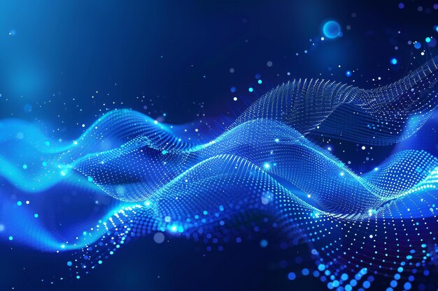 una ilustración abstracta azul de una imagen generada por computadora con un fondo azul con una línea de puntos y líneas
