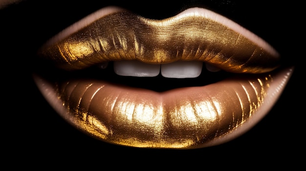 Ilustración abstracta con beso listo de labios dorados de lujo sobre fondo dorado Lipf sexy brillante con brillo y brillo