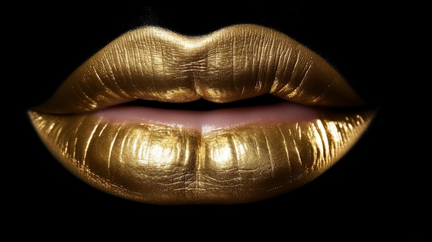 Foto ilustración abstracta con beso listo de labios dorados de lujo sobre fondo dorado lipf sexy brillante con brillo y brillo