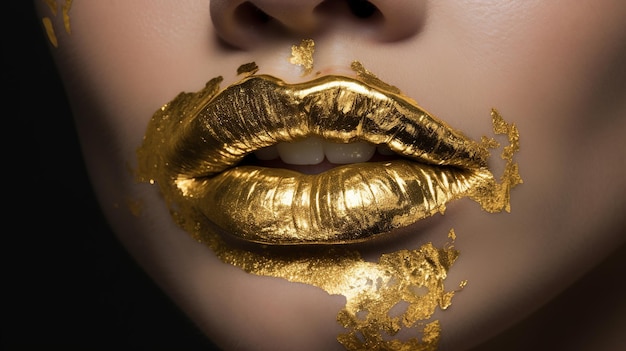 Ilustración abstracta con beso listo de labios dorados de lujo sobre fondo dorado Lipf sexy brillante con brillo y brillo