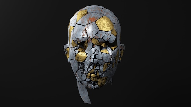 Ilustración abstracta de cabeza de maniquí 3D Render art piezas rotas metálicas y doradas