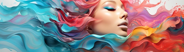Ilustración abstracta con cara de mujer ondas de colores e imágenes de fantasía cartel de papel tapiz