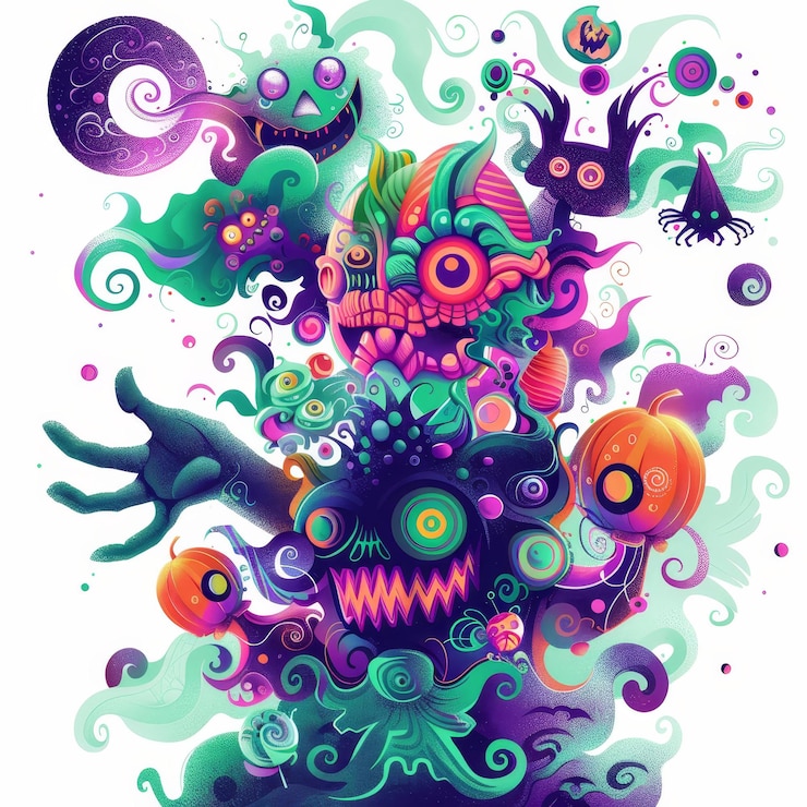 Foto una ilustración abstracta colorida de monstruos y calabazas de halloween con una sensación espeluznante y lúdica