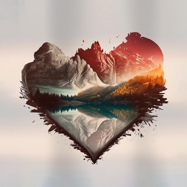 Ilustración abstracta con corazón y paisaje de montaña.