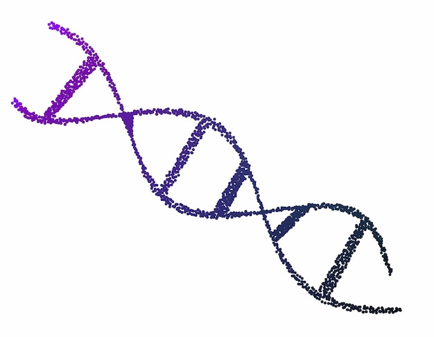 Ilustración abstracta de una doble hélice de ADN en violeta y azul sobre un fondo blanco