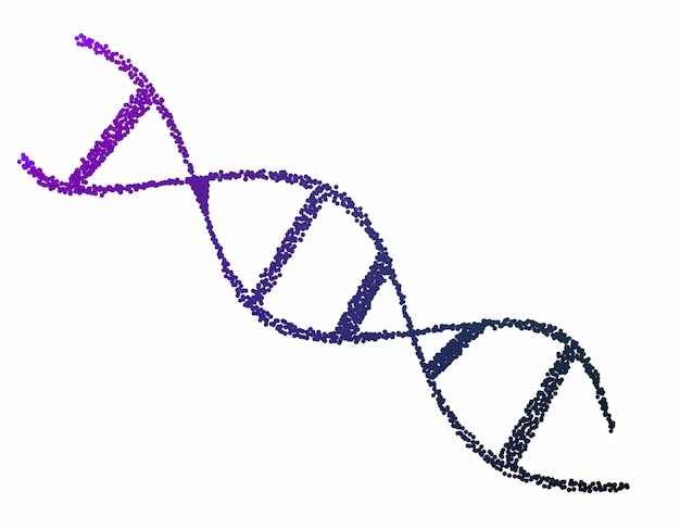 Foto ilustración abstracta de una doble hélice de adn en violeta y azul sobre un fondo blanco