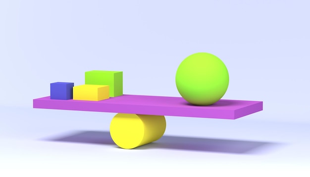 Foto ilustración abstracta del equilibrio con sombra fondo geométrico cubos y bolas de equilibrio de neón