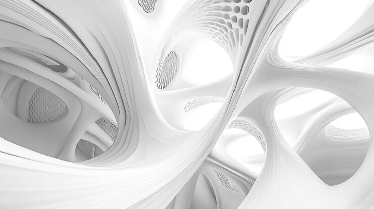 Una ilustración abstracta futurista de un interior arquitectónico blanco con curvas suaves