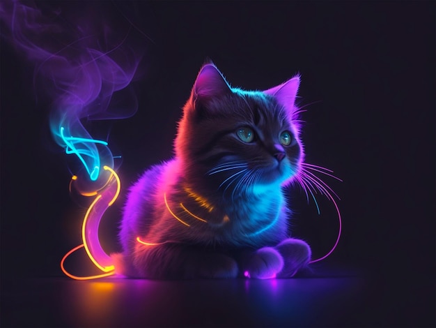 Ilustración abstracta de un gato de neón fondo oscuro