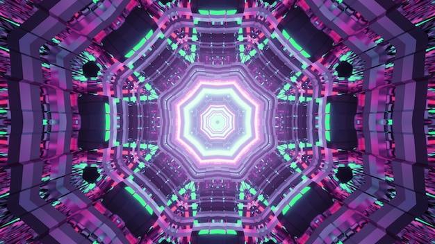 Ilustración abstracta de luces de neón multicolores que brillan intensamente y forman un túnel futurista