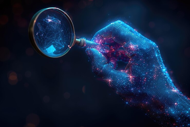 Una ilustración abstracta de una mano humana estudiando una cadena de bloques investigando y evaluando