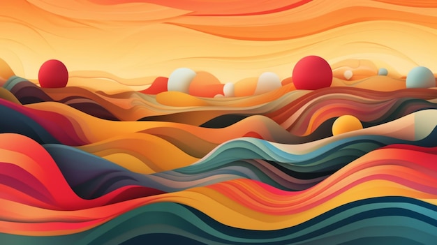 Ilustración abstracta de un paisaje colorido con olas y huevos AI Generative