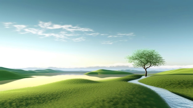 Ilustración abstracta paisaje minimalista solo árbol en un paisaje natural claro