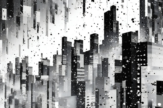 Ilustración abstracta del paisaje urbano con copos de nieve que caen