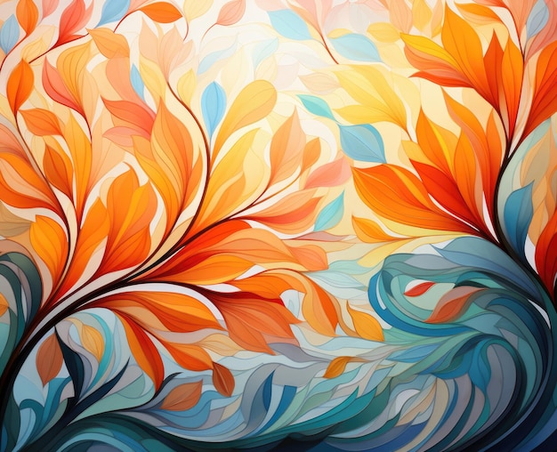 Ilustración abstracta de un patrón de hojas y flores en flor pétalos de línea naranja brillante y azul
