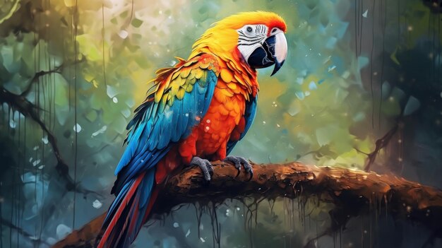 Ilustración abstracta pintura al óleo loro guacamayo pájaro volando en la selva tropical imagen generada por IA