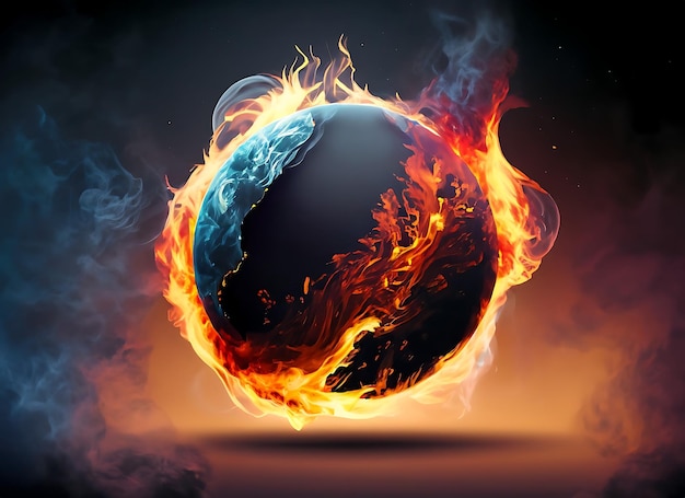 Ilustración abstracta de un planeta con fuego y humo en un fondo oscuro