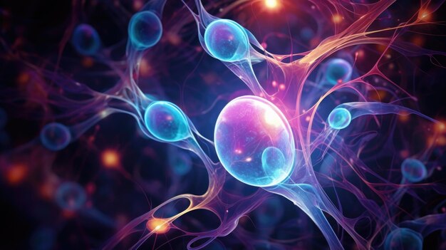 Ilustración abstracta del proceso de neurulación en un embrión humano utilizando tonos y patrones vibrantes
