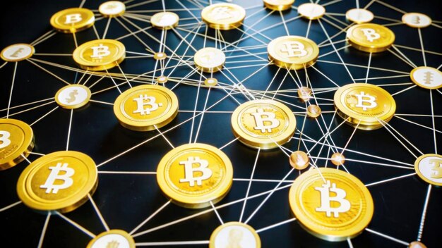 Ilustración abstracta de una red descentralizada con nodos que representan diferentes criptomonedas
