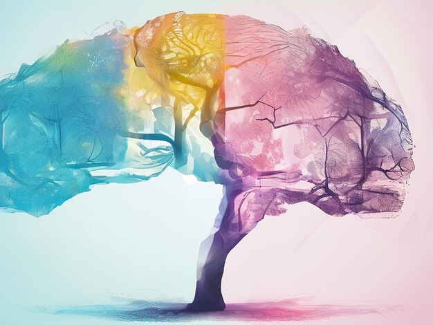 Ilustración abstracta del trabajo del cerebro que se convierte en un árbol doble exposición el concepto