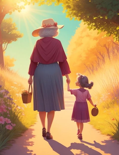 ilustración de una abuela que lleva a su nieto