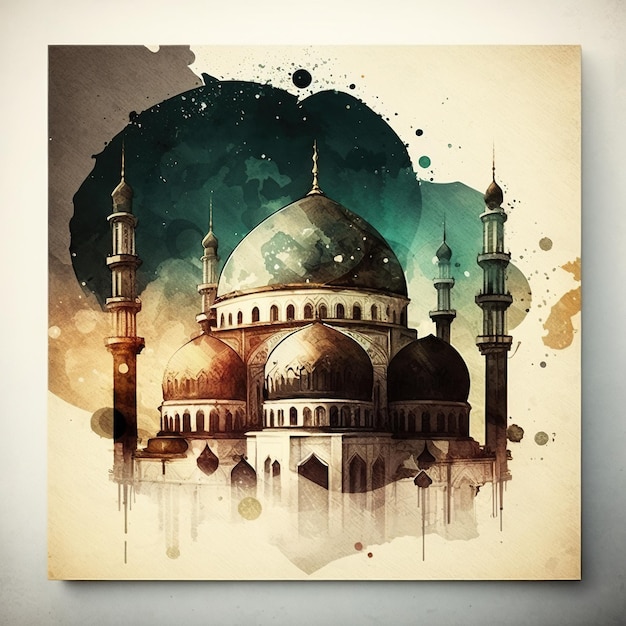 Ilustración de aceite de Ramadán Kareem con mezquita de origami de oro árabe, luna creciente y estrellas.