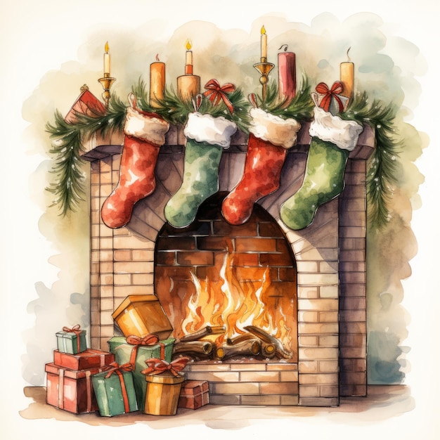 Ilustración de una acogedora chimenea con regalos navideños y calcetines.