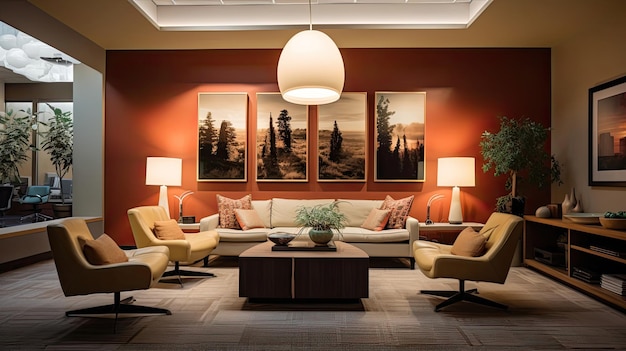Ilustración de una acogedora sala de estar con muebles elegantes y una hermosa obra de arte en la pared