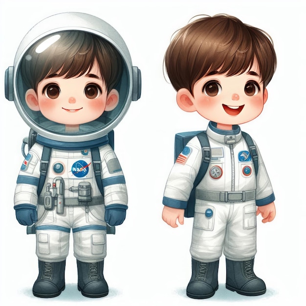 Ilustración en acuarela 2d de un niño con un uniforme de astronauta