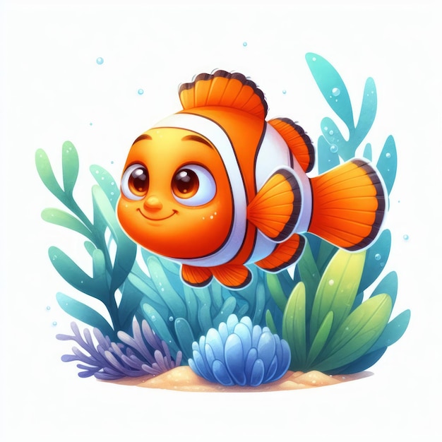 Foto ilustración en acuarela 2d de un pez nemo, un animal marino