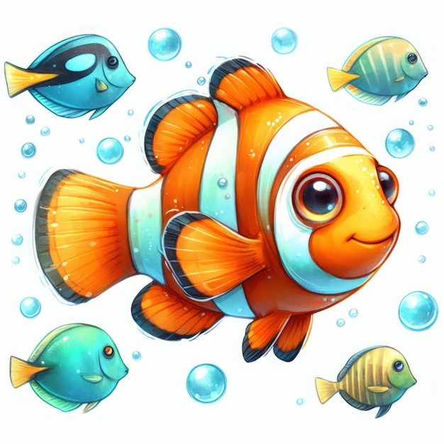 Foto ilustración en acuarela 2d de un pez nemo, un animal marino