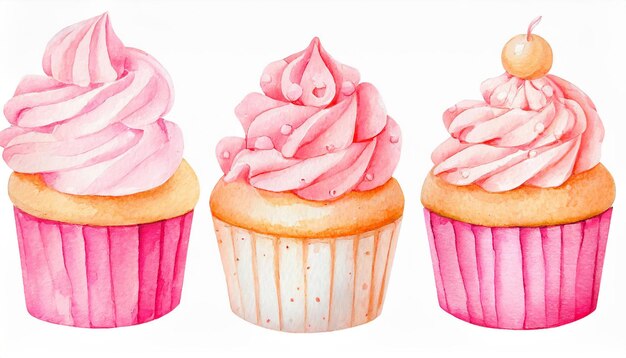 Ilustración en acuarela de 3 cupcakes kawaii artísticamente aislados en blanco, un postre sabroso y dulce.