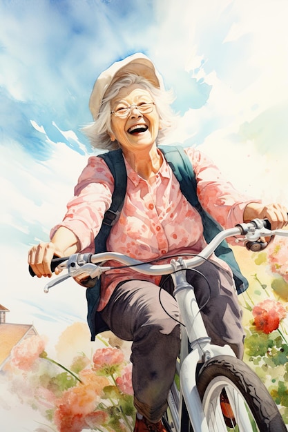 Ilustración en acuarela de una abuela alegre montando una bicicleta