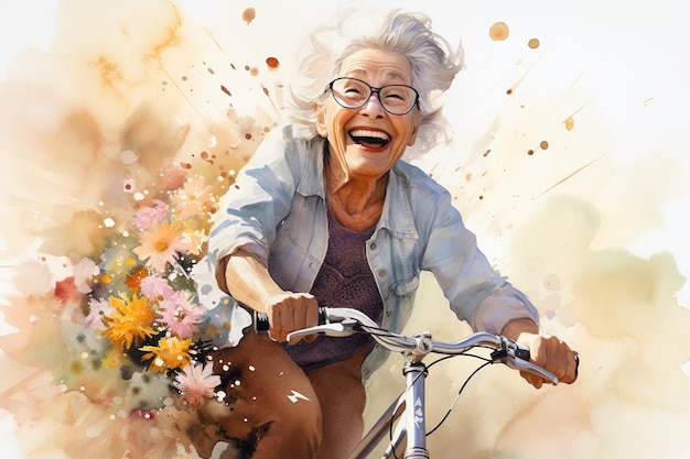 Ilustración en acuarela de una abuela alegre montando una bicicleta