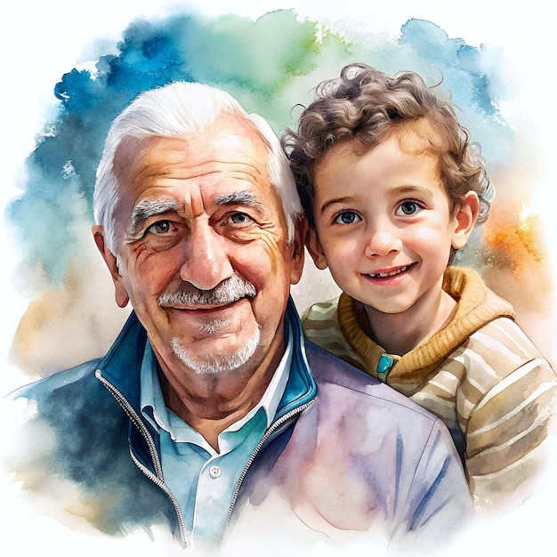 Ilustración en acuarela de un abuelo y un nieto juntos que representan el día de los abuelos