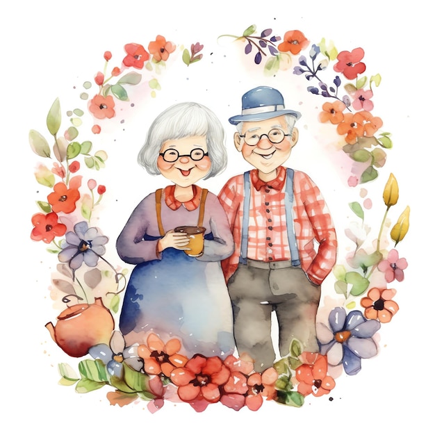 Ilustración acuarela de abuelos con flores.