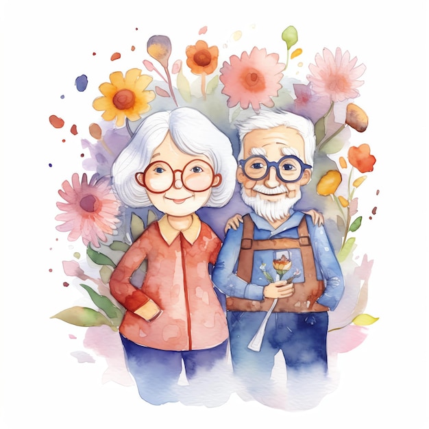 Ilustración acuarela de abuelos con flores.