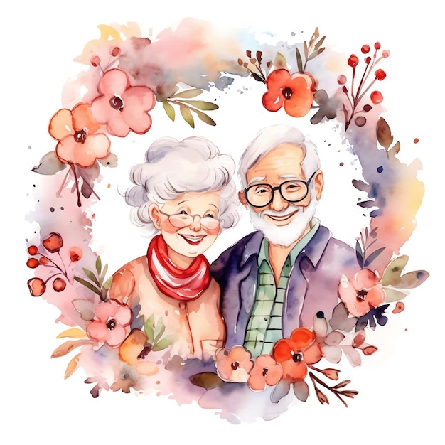 Ilustración acuarela de abuelos con flores.