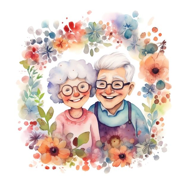 Ilustración acuarela de abuelos con flores.